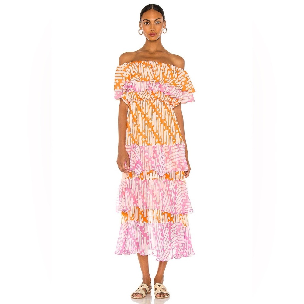 Rhode Ash Tiered Off the Shoulder Maxi Dress Orange Pink Batik Ruffle Size Small
